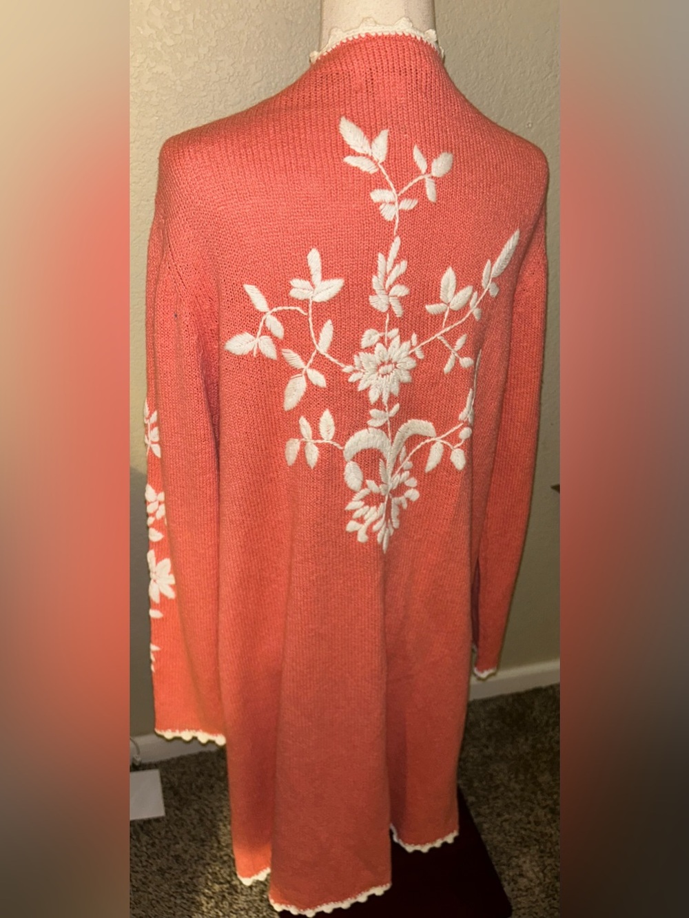 Victor Costa Coral Knit Cardigan with White Floral Embroidery